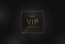 VIP banner design template. Square badge with golden frame and crown on a black pattern background. Luxury premium design. Vector illustration