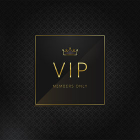 VIP banner design template. Square badge with golden frame and crown on a black pattern background. Luxury premium design. Vector illustration